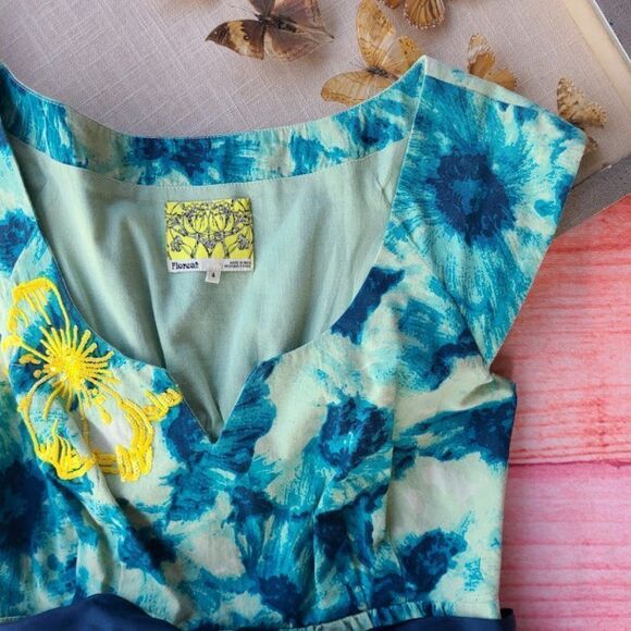 Anthropologie Floreat Blue‎ Floral Beaded Mini Pleated Sheath Dress 4 - Picture 6 of 7